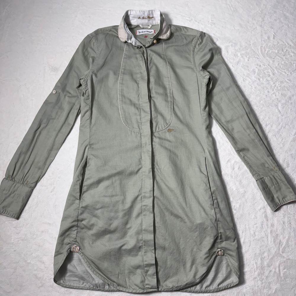 Le Sarte Pettegole Women Sage Green Button Roll tab Shirt Dress Size 38 (Small)